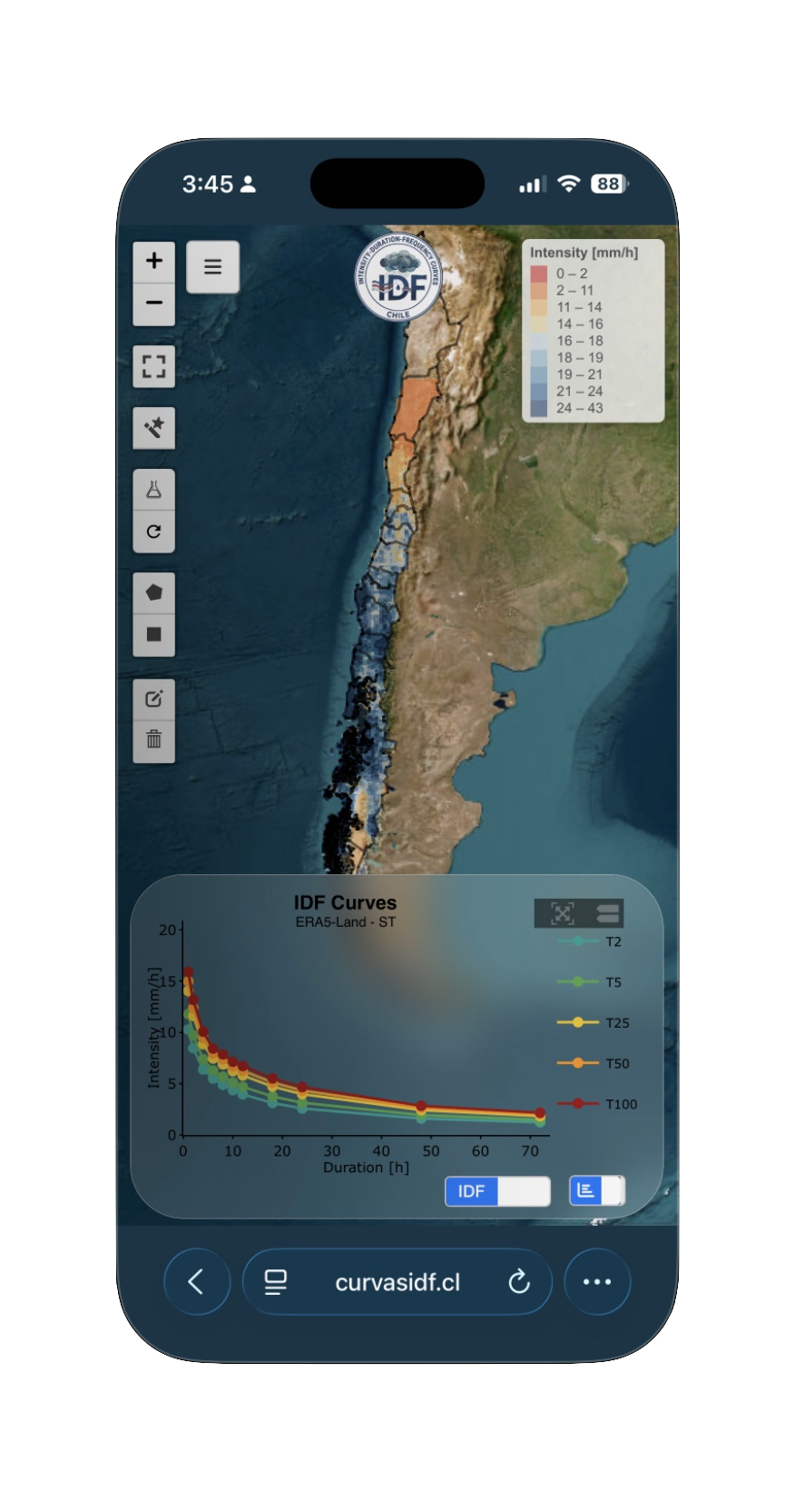 Vista de la plataforma mobile de curvas IDF